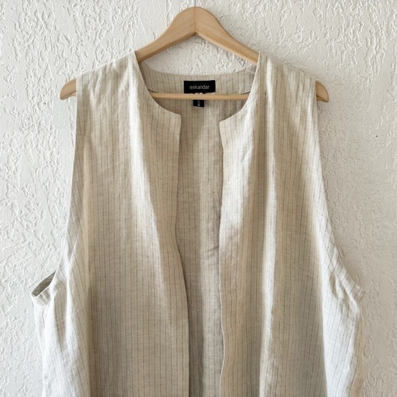 Eskandar Linen Vest Duster Sleeveless Longline Pinstripe Lagenlook Designer 0/ 8 - Picture 3 of 7